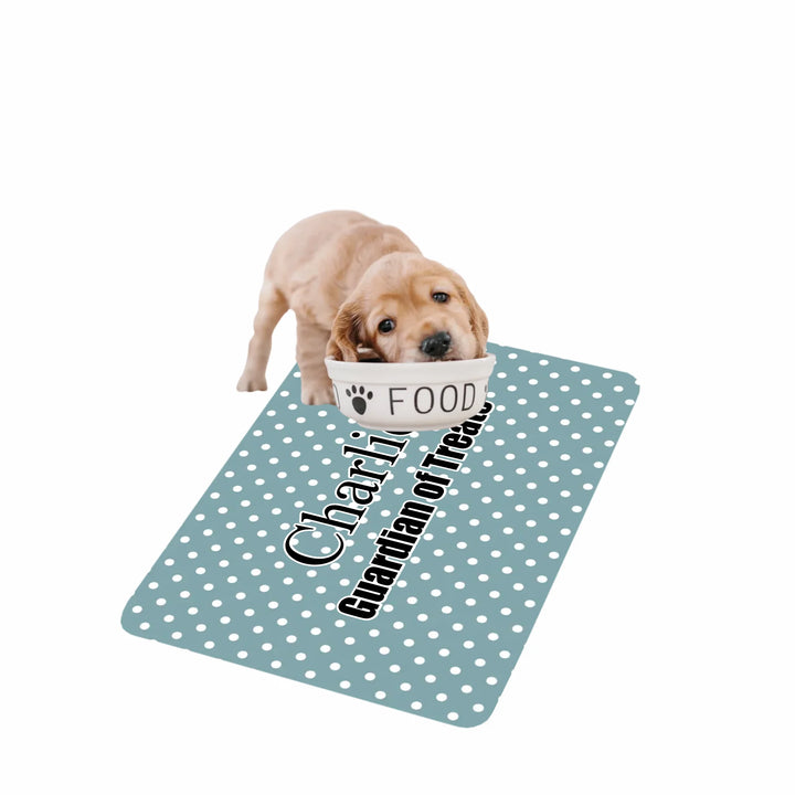 Dog using Personalized polka dots pet feeding mat with custom text like a name. Available in different polka dot pattern colors for dogs or cats-ARTFULANE