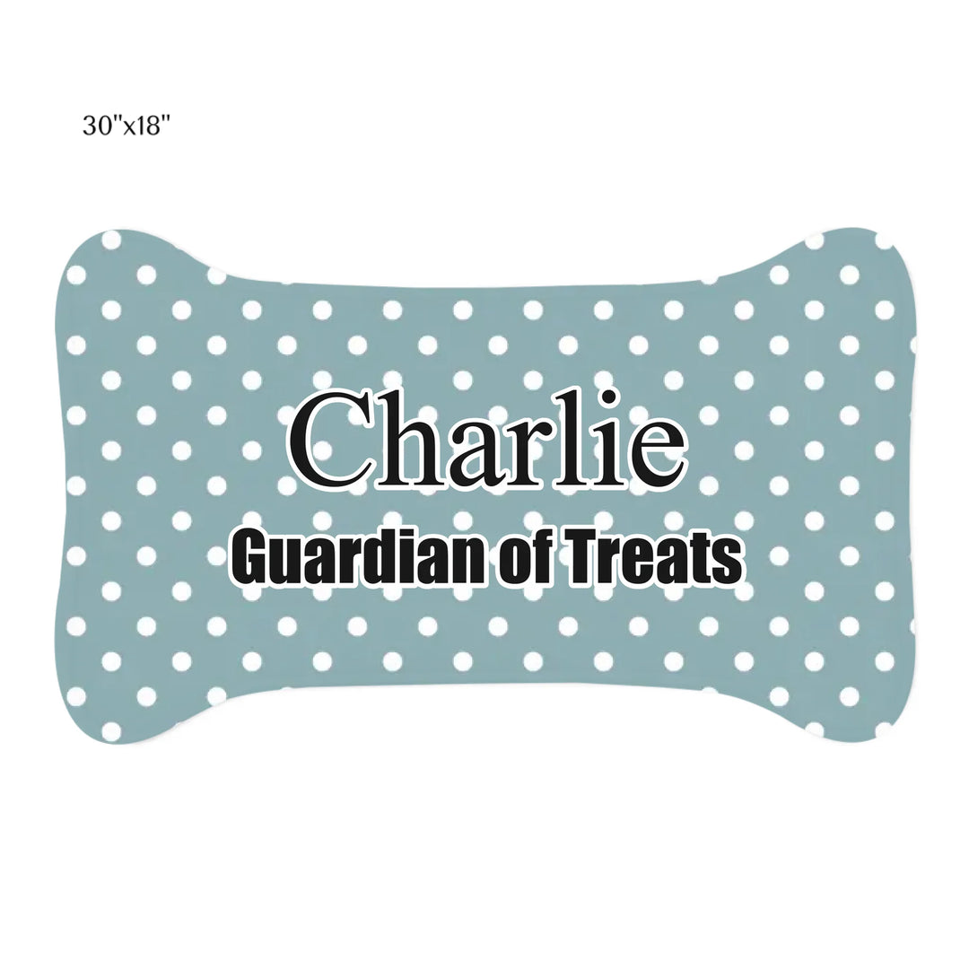 Personalized polka dots pet bone-shaped feeding mat with custom text like a name. Available in different polka dot pattern colors for dogs or cats-ARTFULANE