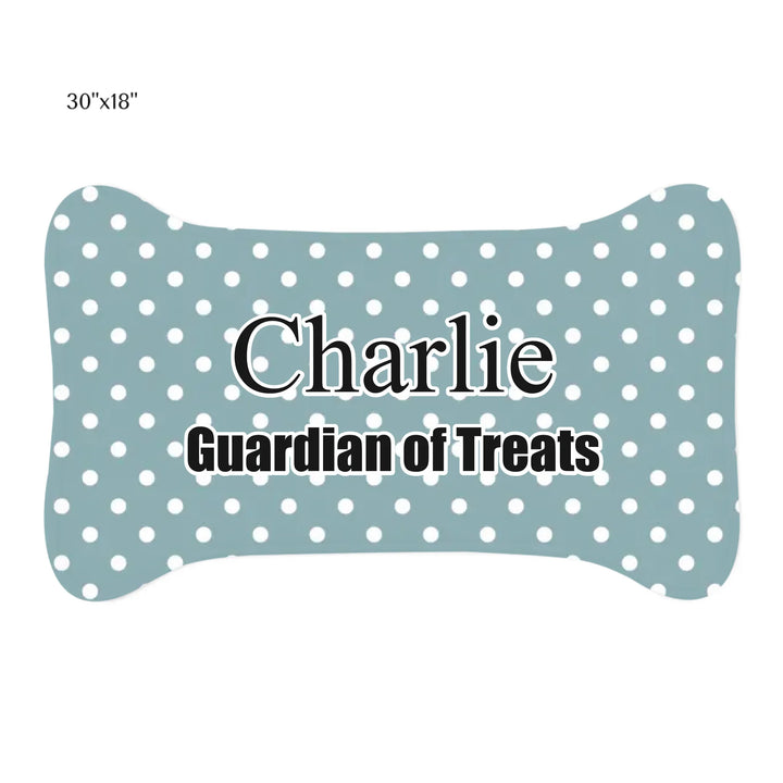 Personalized polka dots pet bone-shaped feeding mat with custom text like a name. Available in different polka dot pattern colors for dogs or cats-ARTFULANE