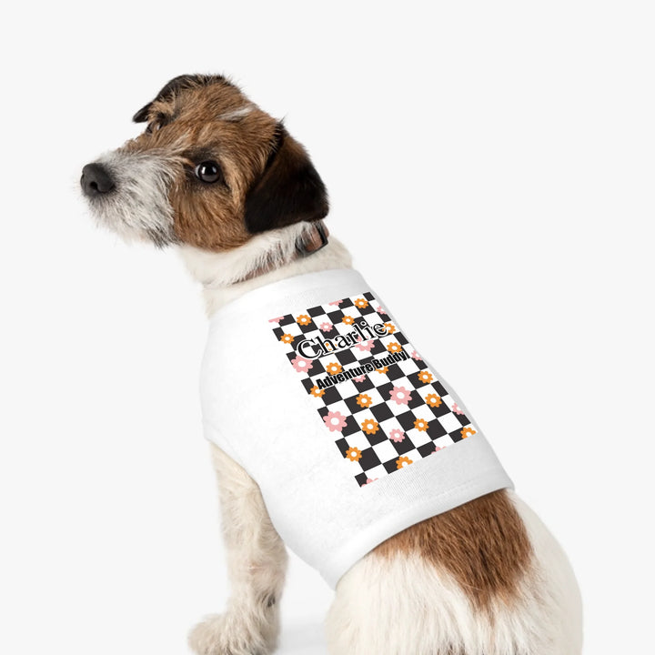 Personalized Retro Groovy pet tank top with custom text like a name. Available in different retro groovy pattern colors for dogs or cats-ARTFULANE