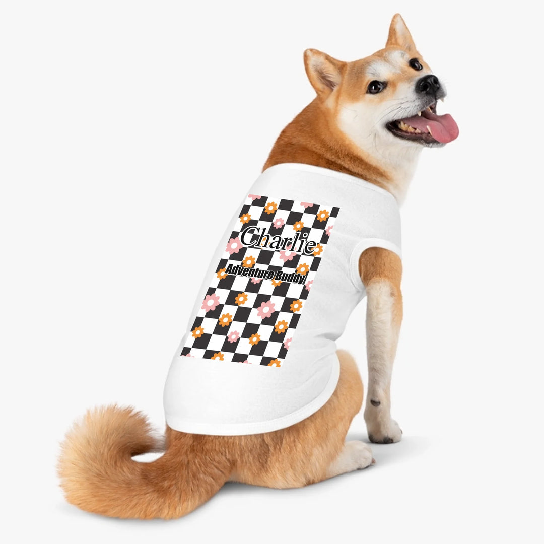 Personalized Retro Groovy pet tank top with custom text like a name. Available in different retro groovy pattern colors for dogs or cats-ARTFULANE