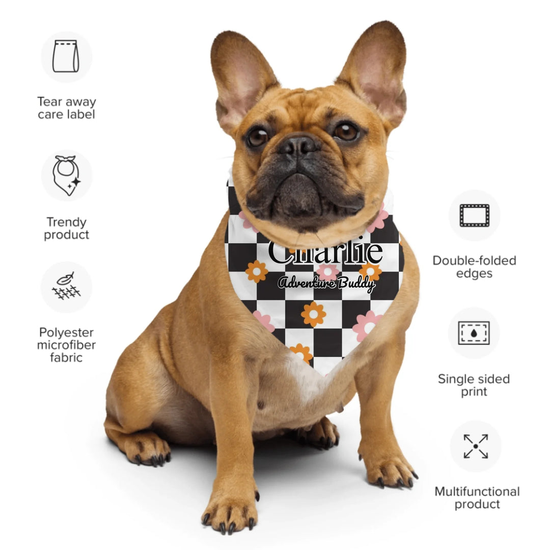Personalized Retro Groovy pet bandana with custom text like a name. Available in different retro groovy pattern colors for dogs or cats-ARTFULANE