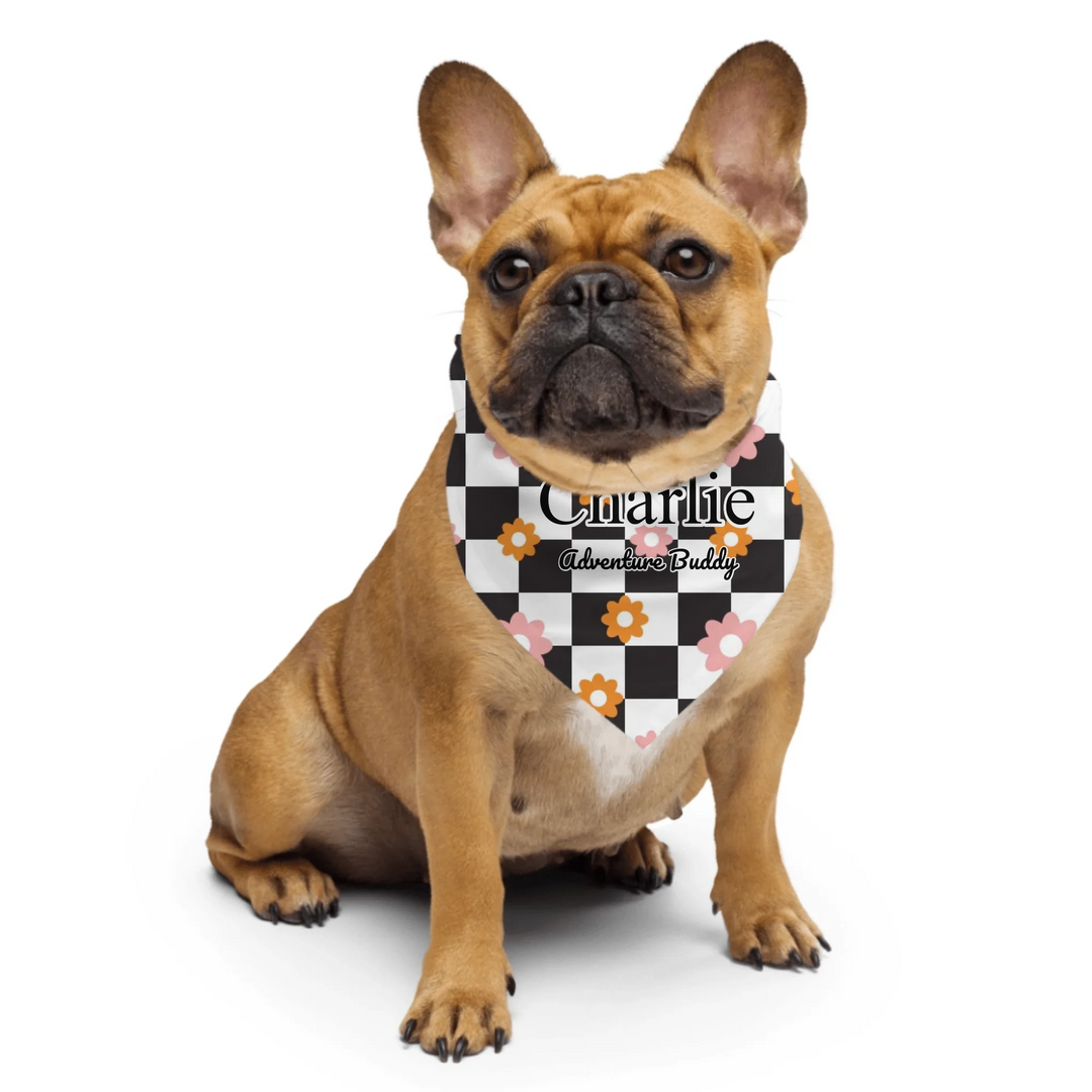 Dog wearing Personalized Retro Groovy pet bandana with custom text like a name. Available in different retro groovy pattern colors for dogs or cats-ARTFULANE