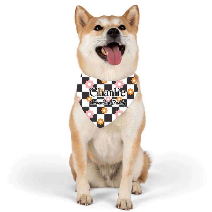 Dog wearing Personalized Retro Groovy pet bandana collar with custom text like a name. Available in different retro groovy pattern colors for dogs or cats-ARTFULANE