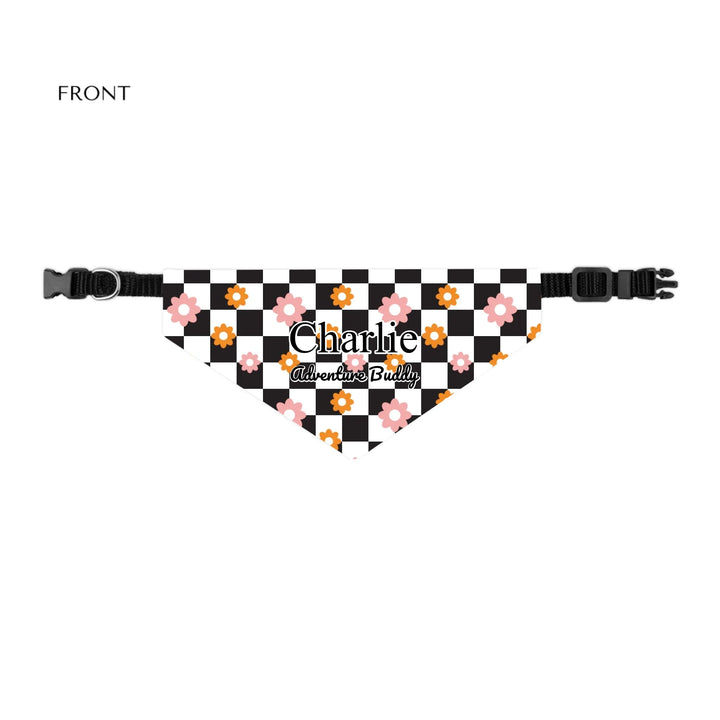 Personalized Retro Groovy pet bandana collar with custom text like a name. Available in different retro groovy pattern colors for dogs or cats-ARTFULANE