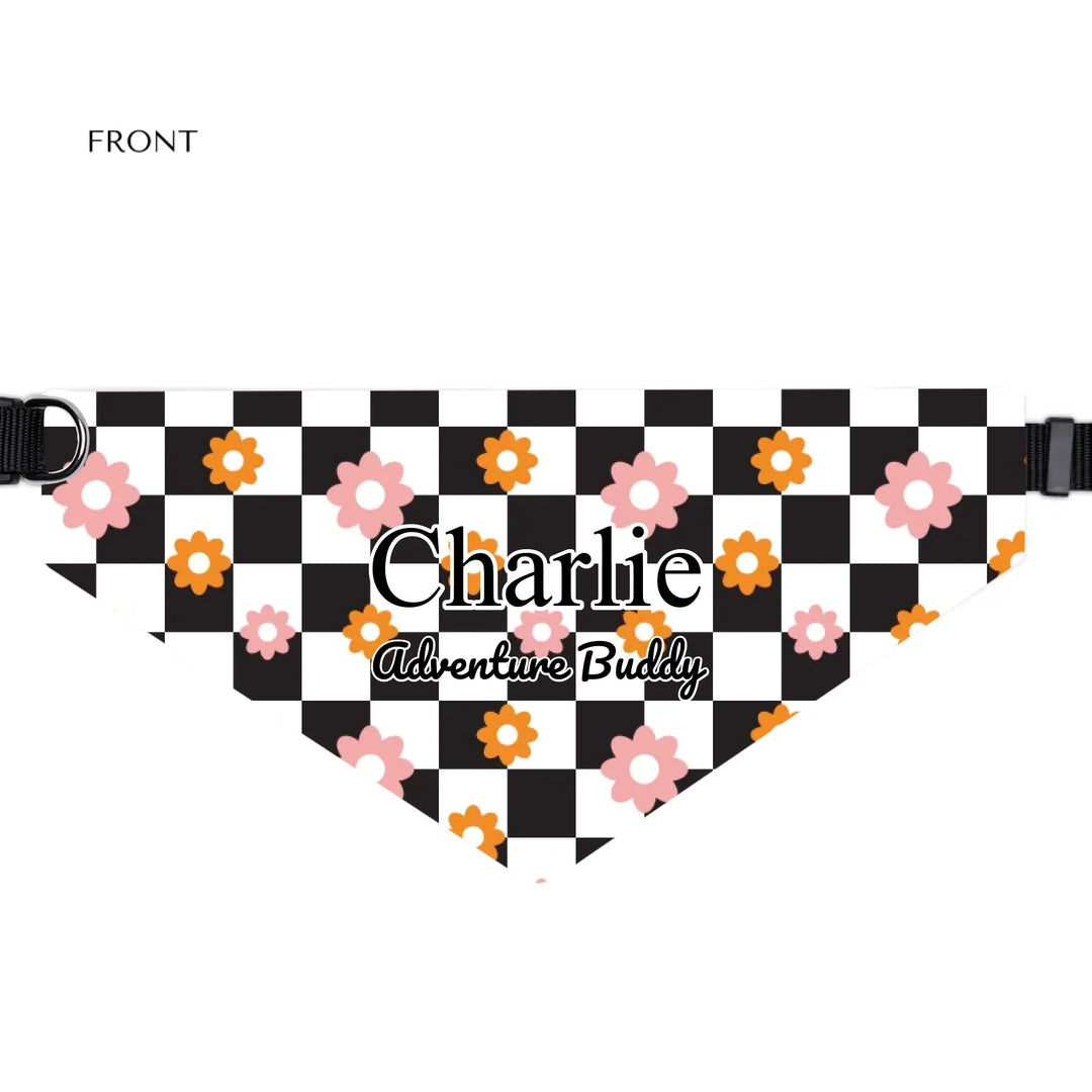 Personalized Retro Groovy pet bandana collar with custom text like a name. Available in different retro groovy pattern colors for dogs or cats-ARTFULANE