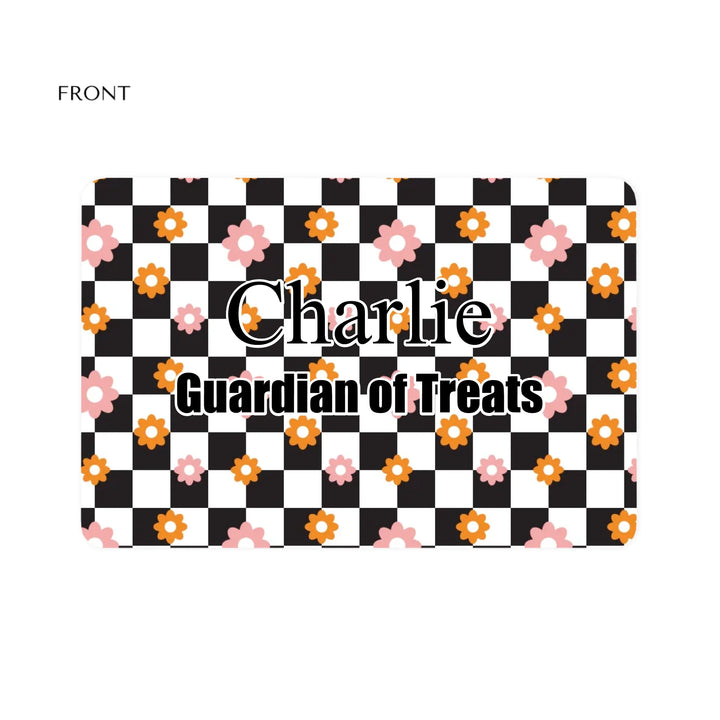 Personalized Retro Groovy pet feeding mat with custom text like a name. Available in different retro groovy pattern colors for dogs or cats-ARTFULANE