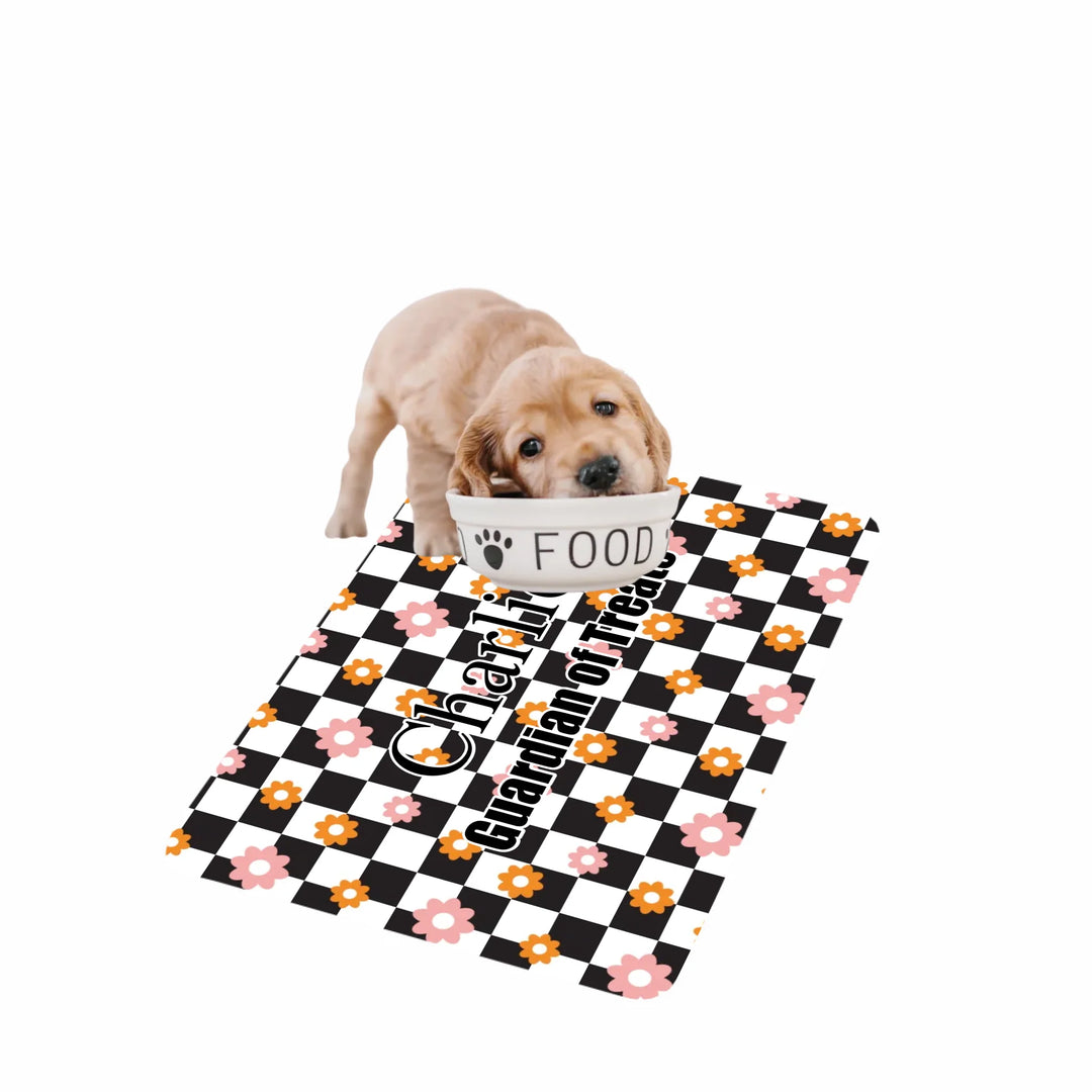 Dog using Personalized Retro Groovy pet feeding mat with custom text like a name. Available in different retro groovy pattern colors for dogs or cats-ARTFULANE