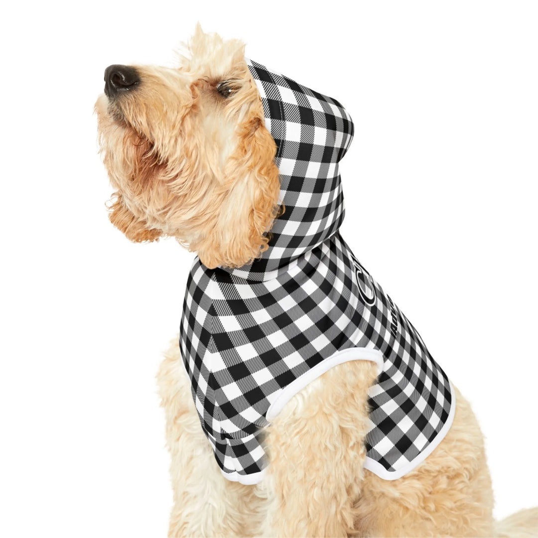 Close-up of Personalized Gingham pet hoodie with custom text like a name. Available in different Gingham pattern colors for dogs or cats-ARTFULANE