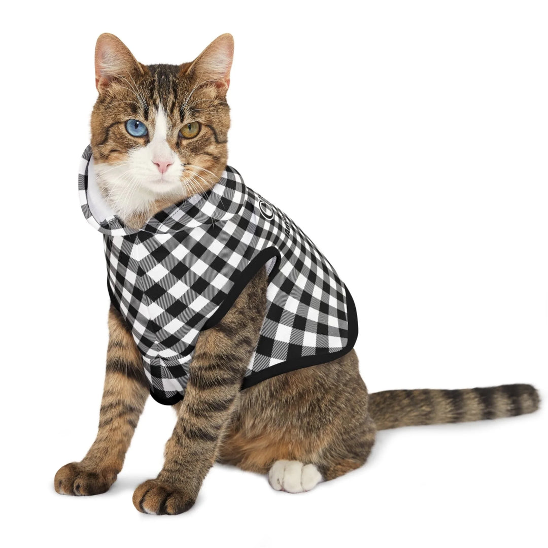 Cat wearing Personalized Gingham pet hoodie with custom text like a name. Available in different Gingham pattern colors for dogs or cats-ARTFULANE