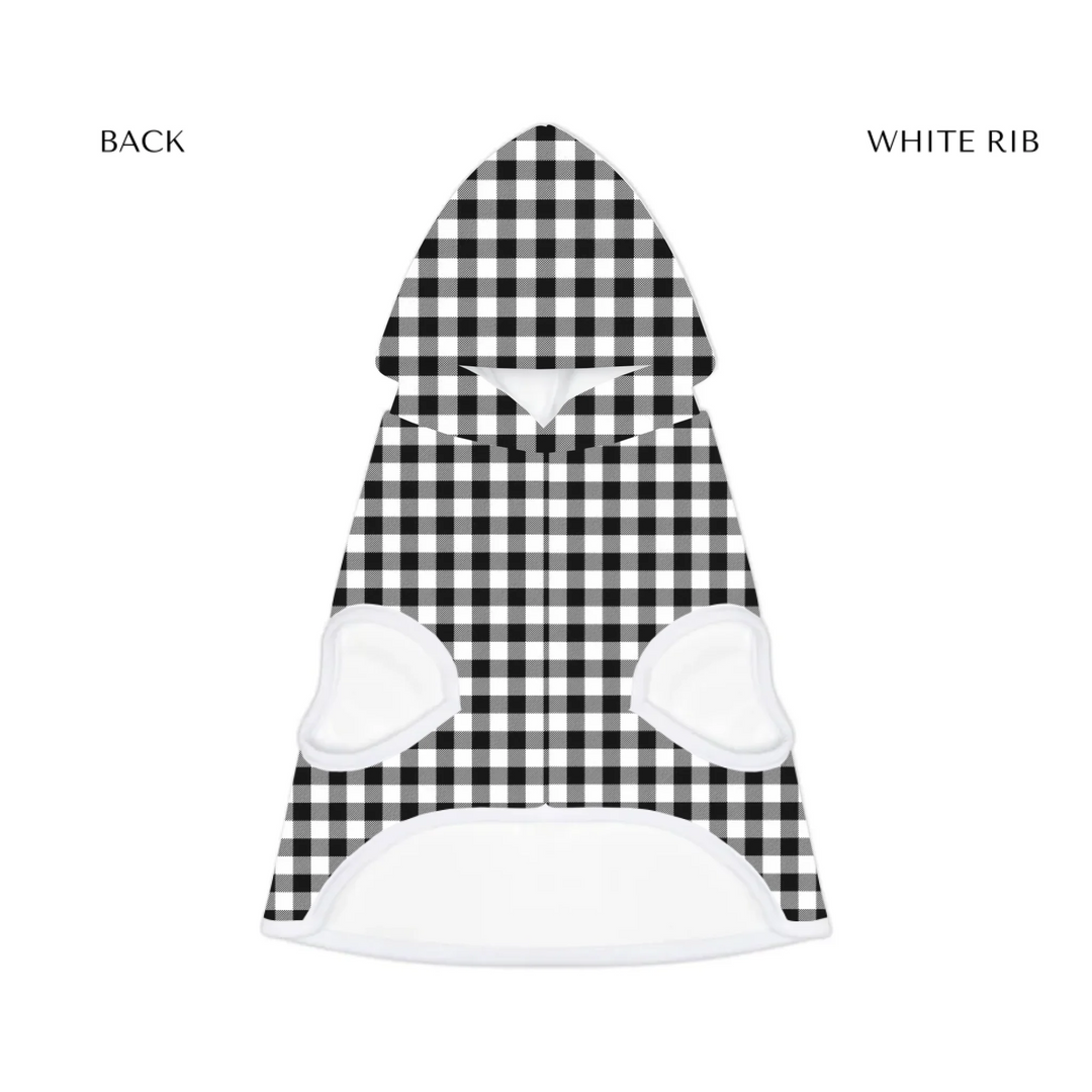 pet hoodie white rib front- Personalized Gingham pet hoodie with custom text like a name. Available in different Gingham pattern colors for dogs or cats-ARTFULANE