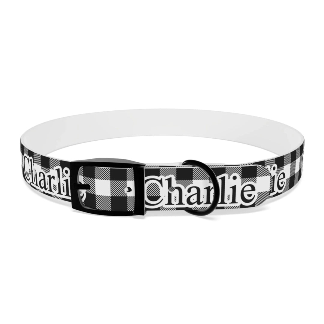 Front of Personalized Gingham pet collar with custom text like a name. Available in different Gingham pattern colors for dogs or cats-ARTFULANE