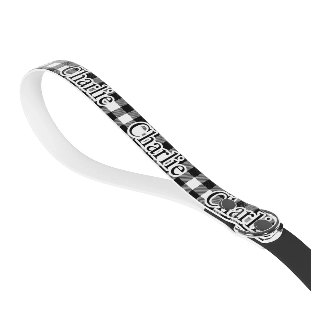 Front of Personalized Gingham pet leash with custom text like a name. Available in different Gingham pattern colors for dogs or cats-ARTFULANE