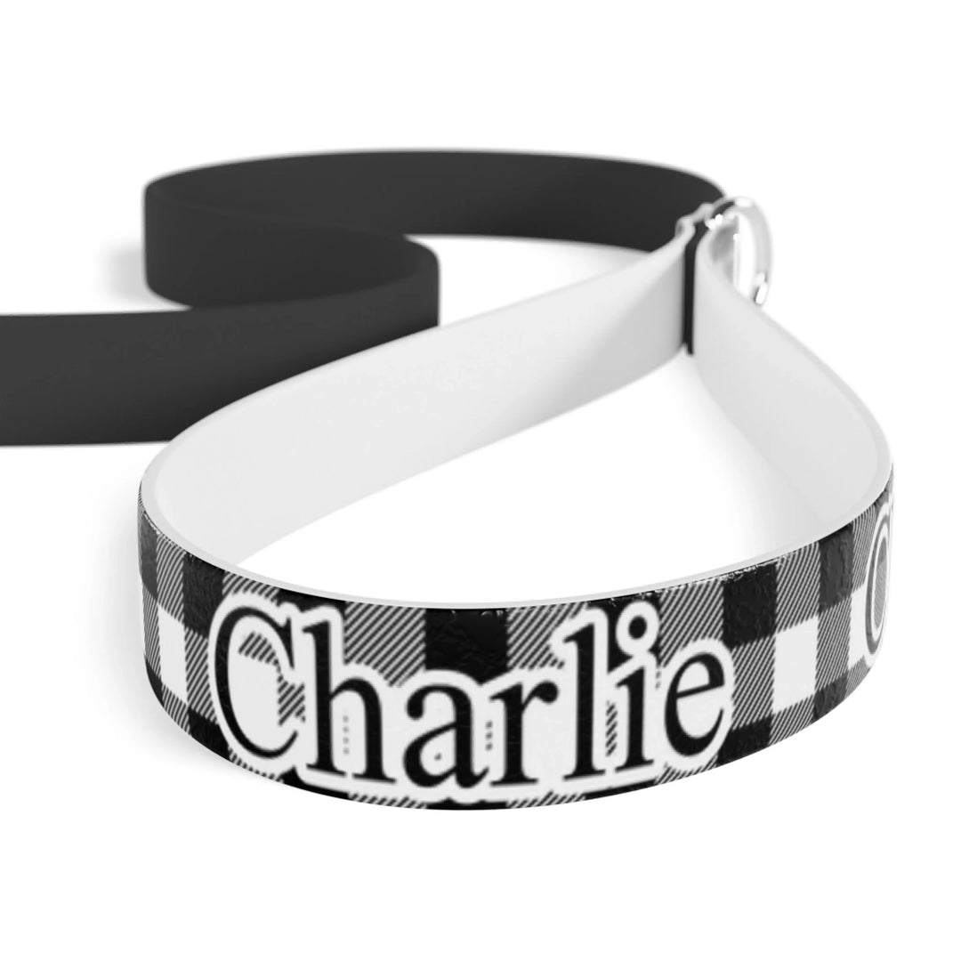 Closeup of Personalized Gingham pet leash with custom text like a name. Available in different Gingham pattern colors for dogs or cats-ARTFULANE