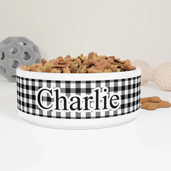 Personalized Gingham pet ceramic bowl with custom text like a name. Available in different Gingham pattern colors for dogs or cats-ARTFULANE