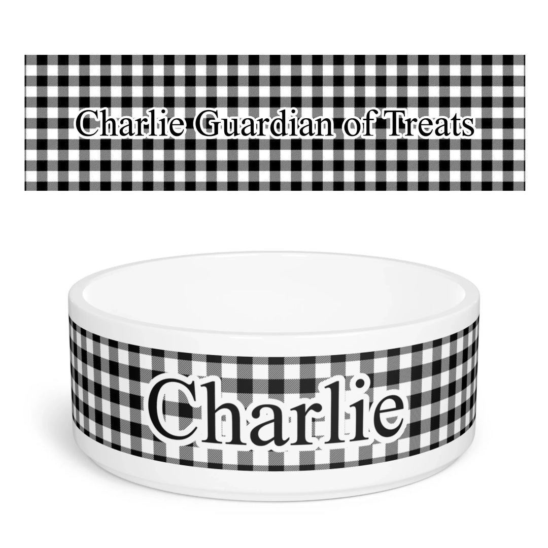 Personalized Gingham pet ceramic bowl with custom text like a name. Available in different Gingham pattern colors for dogs or cats-ARTFULANE