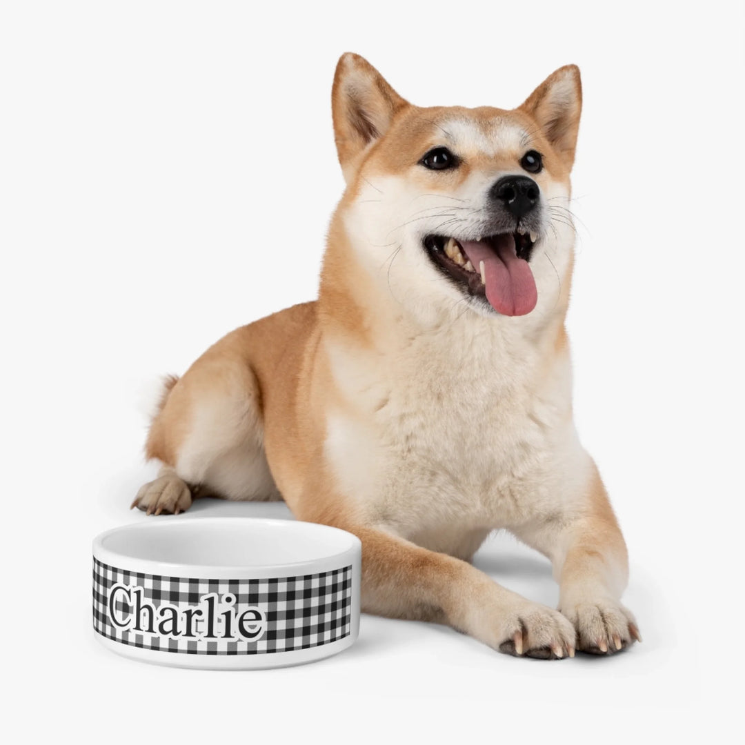 Dog using Personalized Gingham pet ceramic bowl with custom text like a name. Available in different Gingham pattern colors for dogs or cats-ARTFULANE