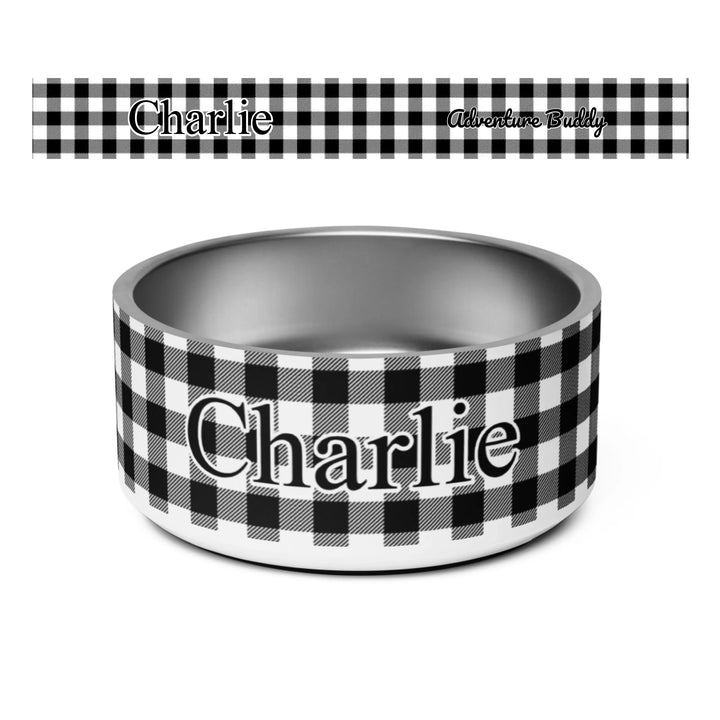 Personalized Gingham pet stainless steel bowl with custom text like a name. Available in different Gingham pattern colors for dogs or cats-ARTFULANE
