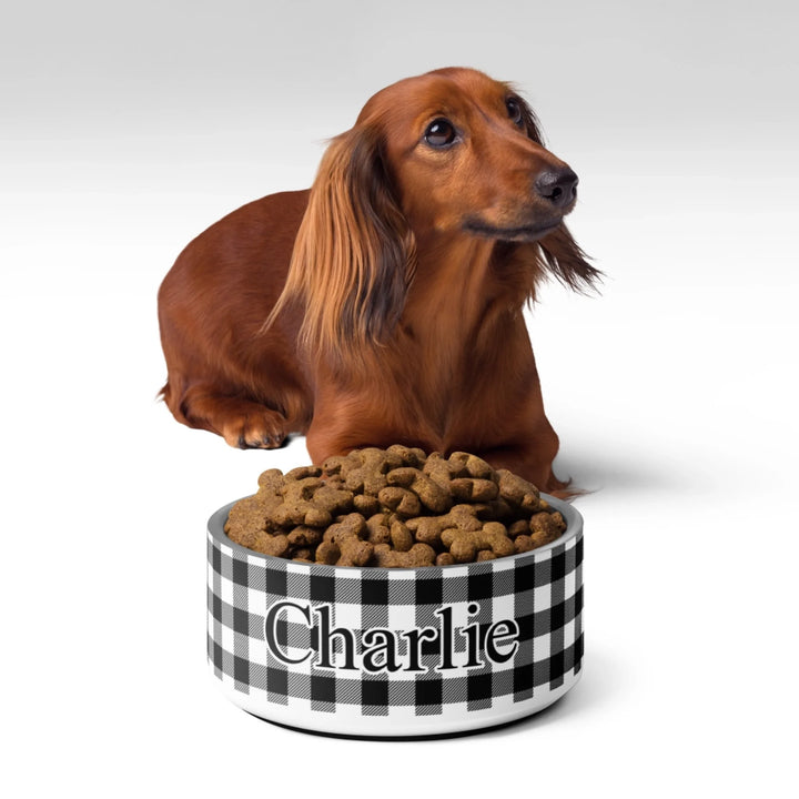 Dog using Personalized Gingham pet stainless steel bowl with custom text like a name. Available in different Gingham pattern colors for dogs or cats-ARTFULANE