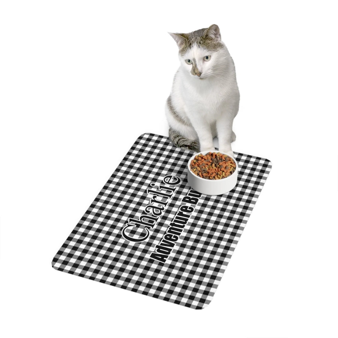 Cat using Personalized Gingham pet feeding mat with custom text like a name. Available in different Gingham pattern colors for dogs or cats-ARTFULANE