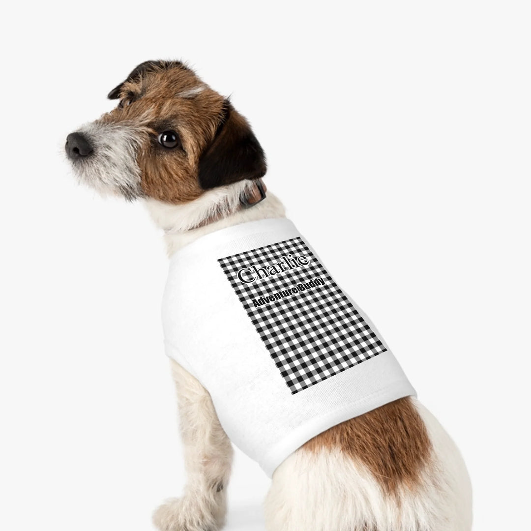 Personalized Gingham pet tank top with custom text like a name. Available in different Gingham pattern colors for dogs or cats-ARTFULANE