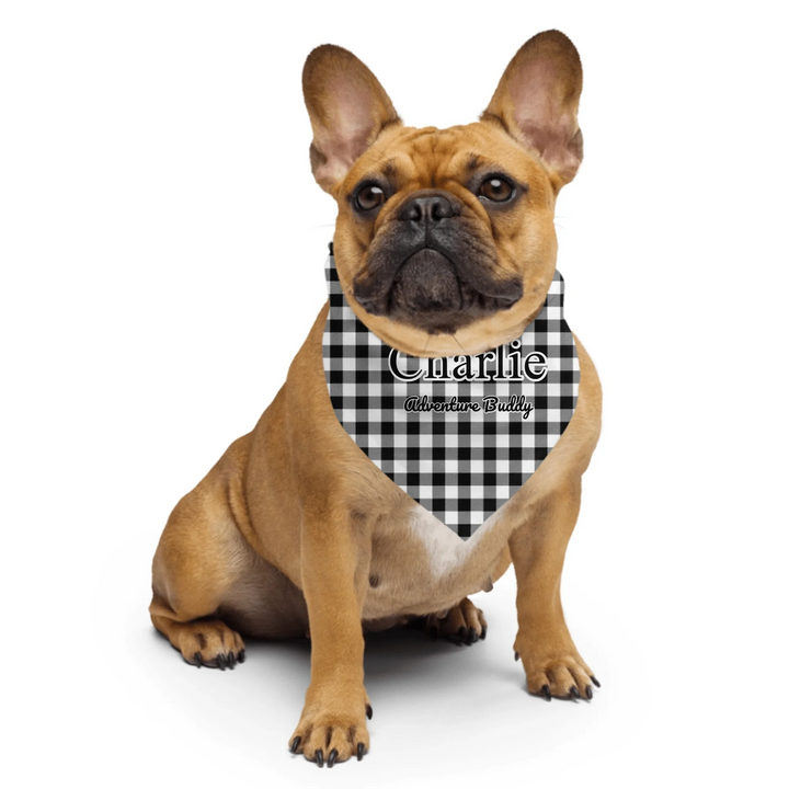 Dog wearing Personalized Gingham pet bandana with custom text like a name. Available in different Gingham pattern colors for dogs or cats-ARTFULANE