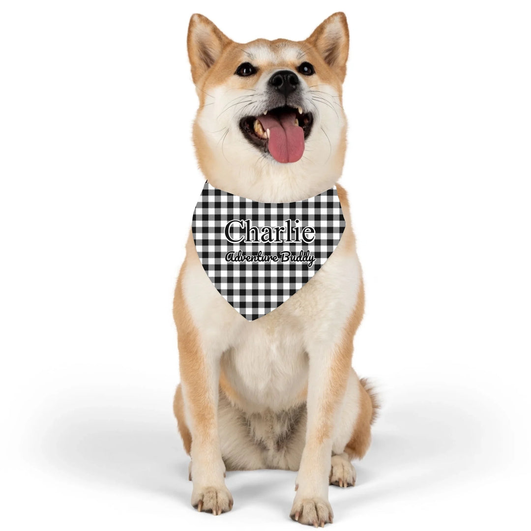 Dog wearing Personalized Gingham pet bandana collar with custom text like a name. Available in different Gingham pattern colors for dogs or cats-ARTFULANE