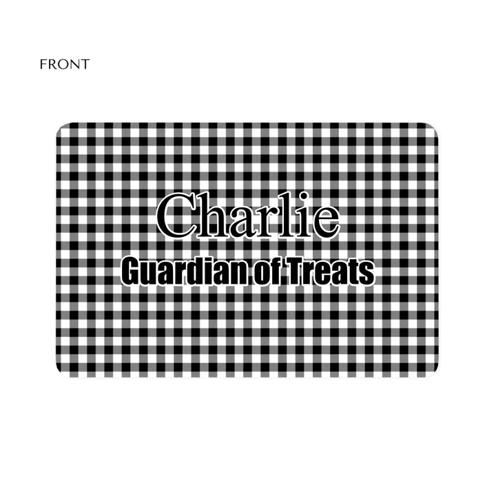Personalized Gingham pet feeding mat with custom text like a name. Available in different Gingham pattern colors for dogs or cats-ARTFULANE