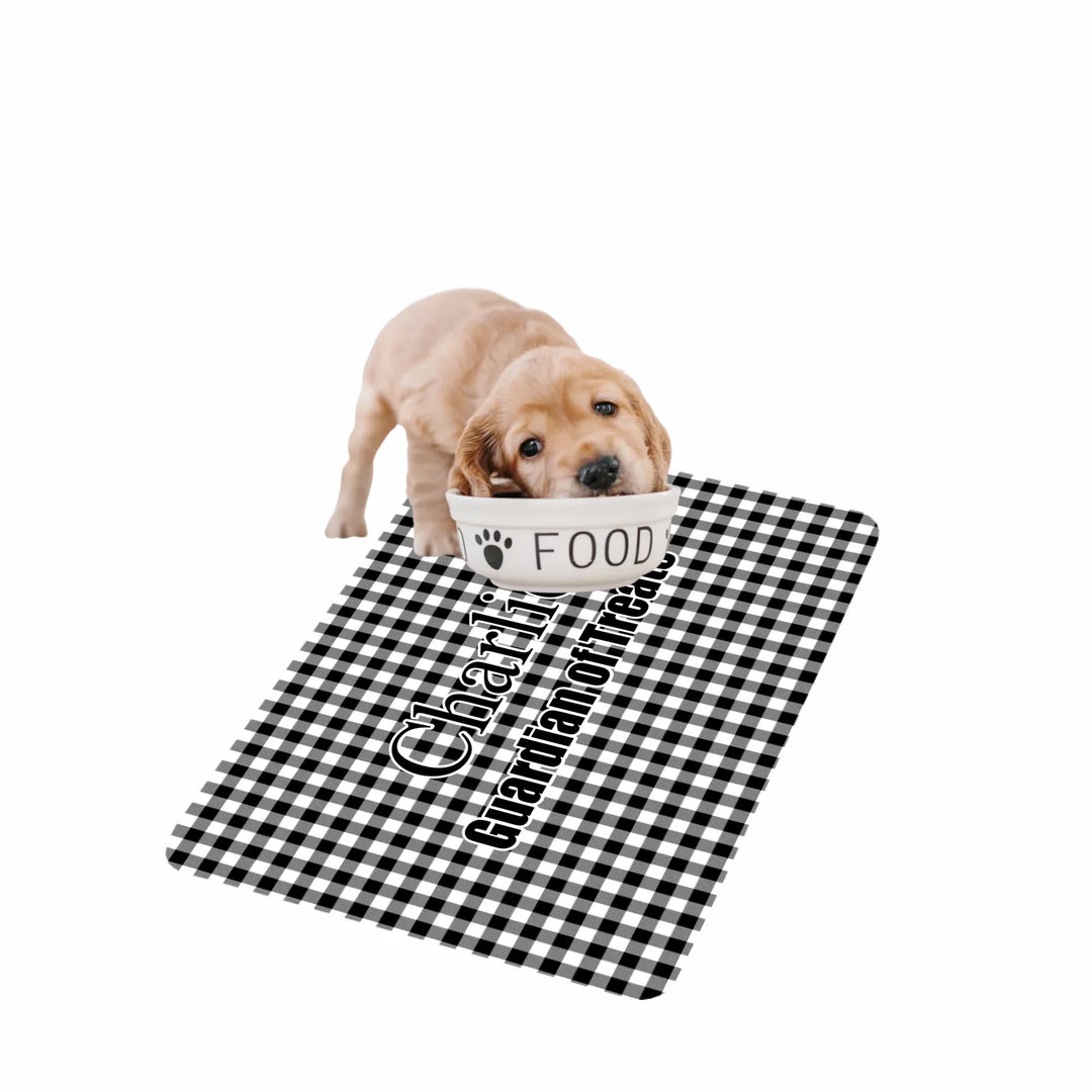 Personalized Gingham pet feeding mat with custom text like a name. Available in different Gingham pattern colors for dogs or cats-ARTFULANE