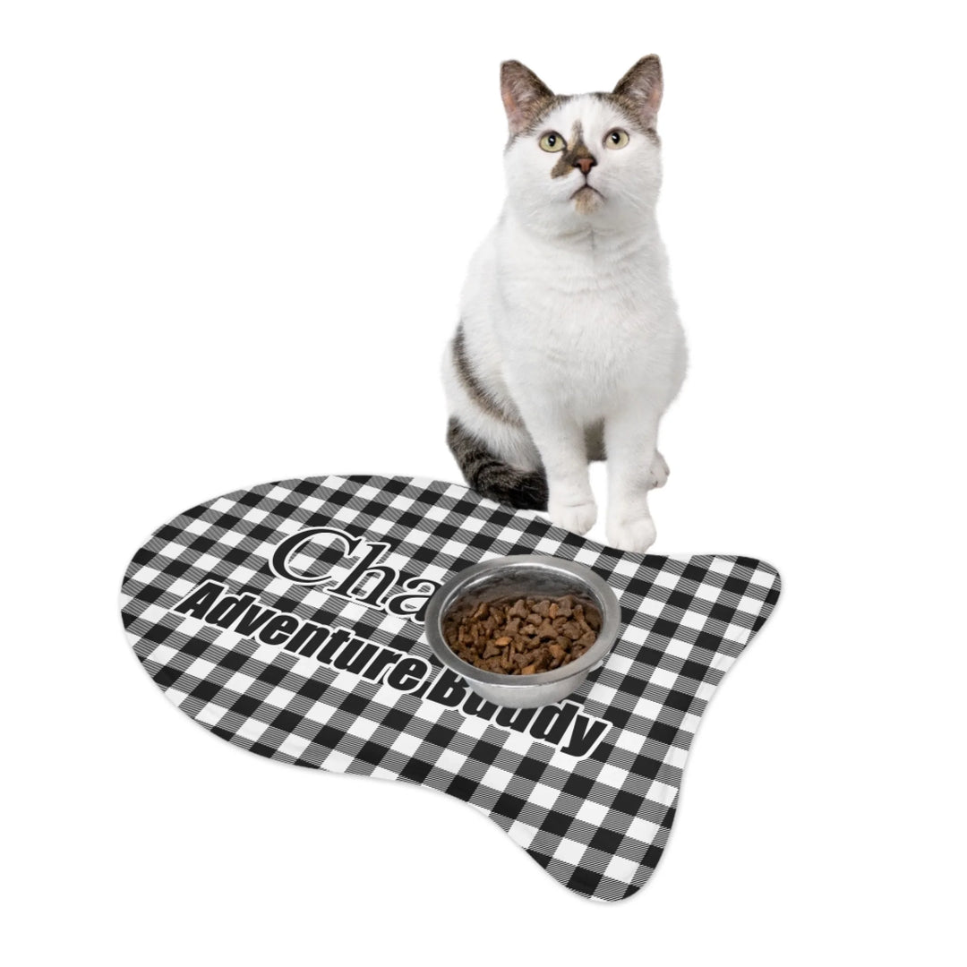 Cat using Personalized Gingham pet shaped feeding mat with custom text like a name. Available in different Gingham pattern colors for dogs or cats-ARTFULANE
