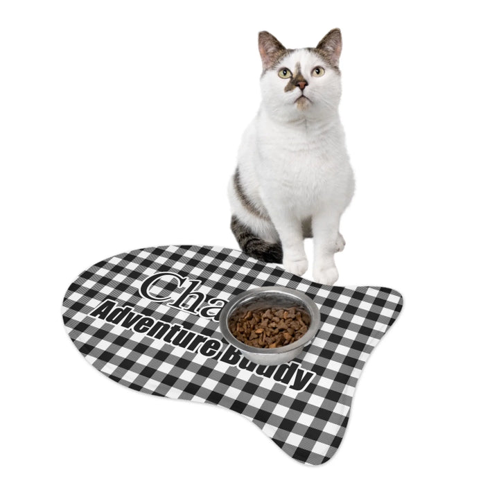 Cat using Personalized Gingham pet shaped feeding mat with custom text like a name. Available in different Gingham pattern colors for dogs or cats-ARTFULANE