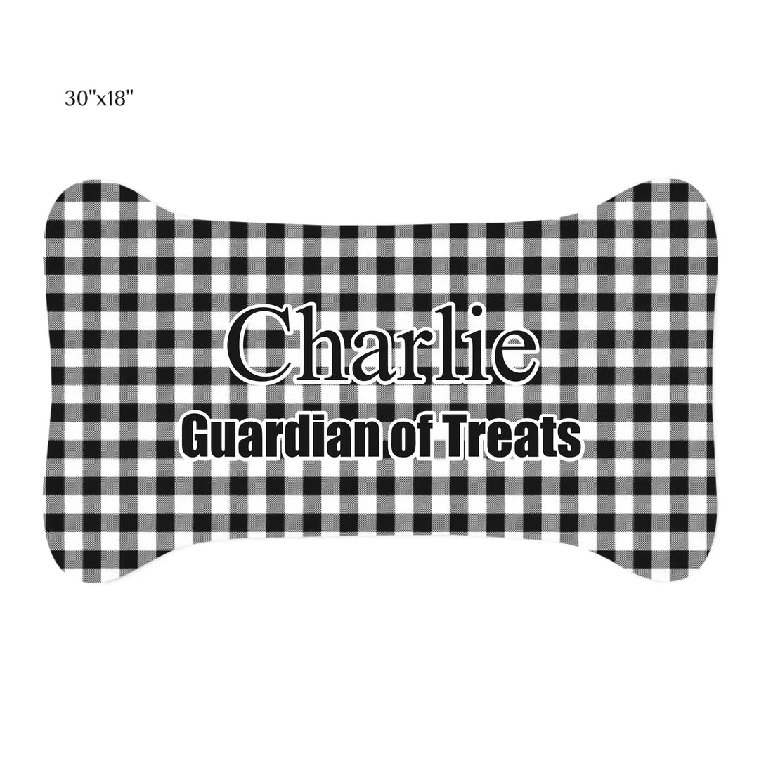 Personalized Gingham pet bone-shaped feeding mat with custom text like a name. Available in different Gingham pattern colors for dogs or cats-ARTFULANE