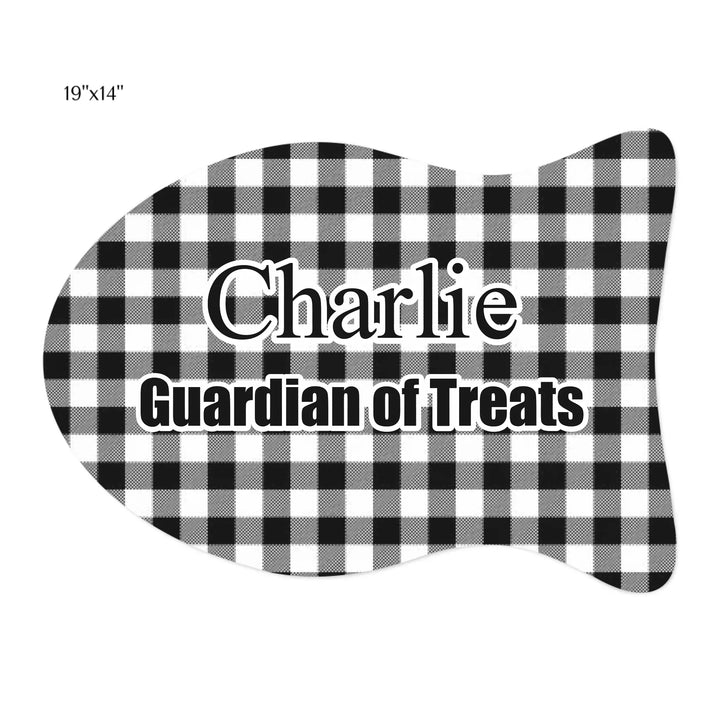 Personalized Gingham pet fish-shaped feeding mat with custom text like a name. Available in different Gingham pattern colors for dogs or cats-ARTFULANE