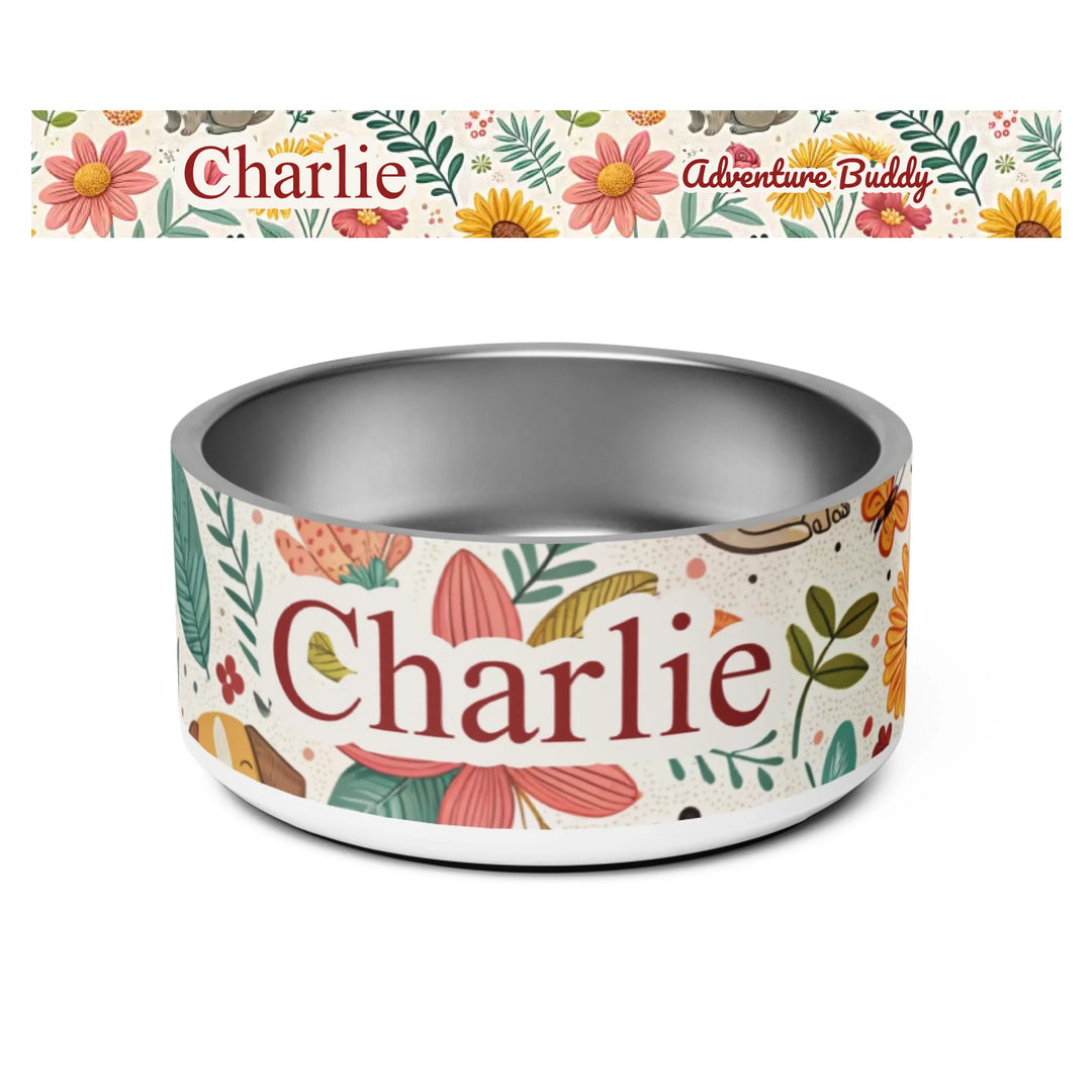 Personalized stainless steel pet bowl with two lines of custom text and playful pattern; available in 10 colorful designs for dogs or cats-ARTFULANE