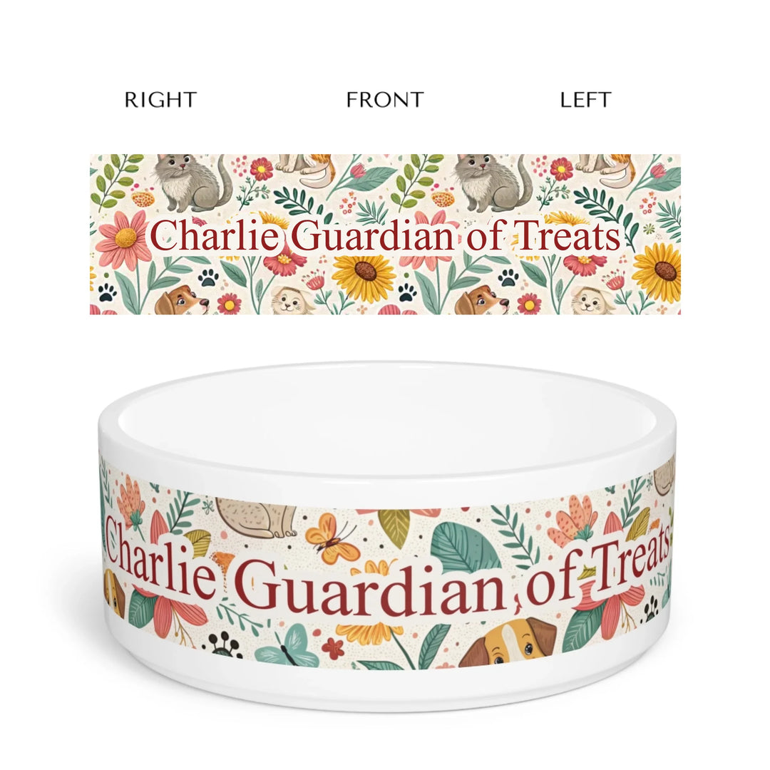 Personalized ceramic pet bowl with two lines of custom text and playful pattern; available in 10 colorful designs for dogs or cats-ARTFULANE