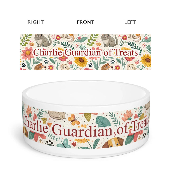 Personalized ceramic pet bowl with two lines of custom text and playful pattern; available in 10 colorful designs for dogs or cats-ARTFULANE