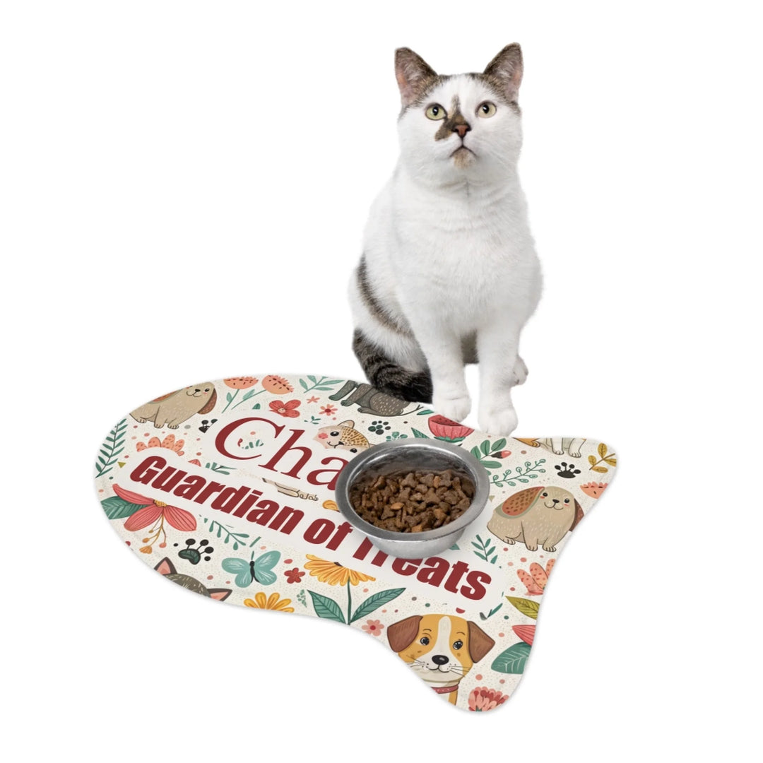 Cat using Personalized pet fish-shaped feeding mat with two lines of custom text and playful pattern; available in 10 colorful designs for dogs or cats-ARTFULANE