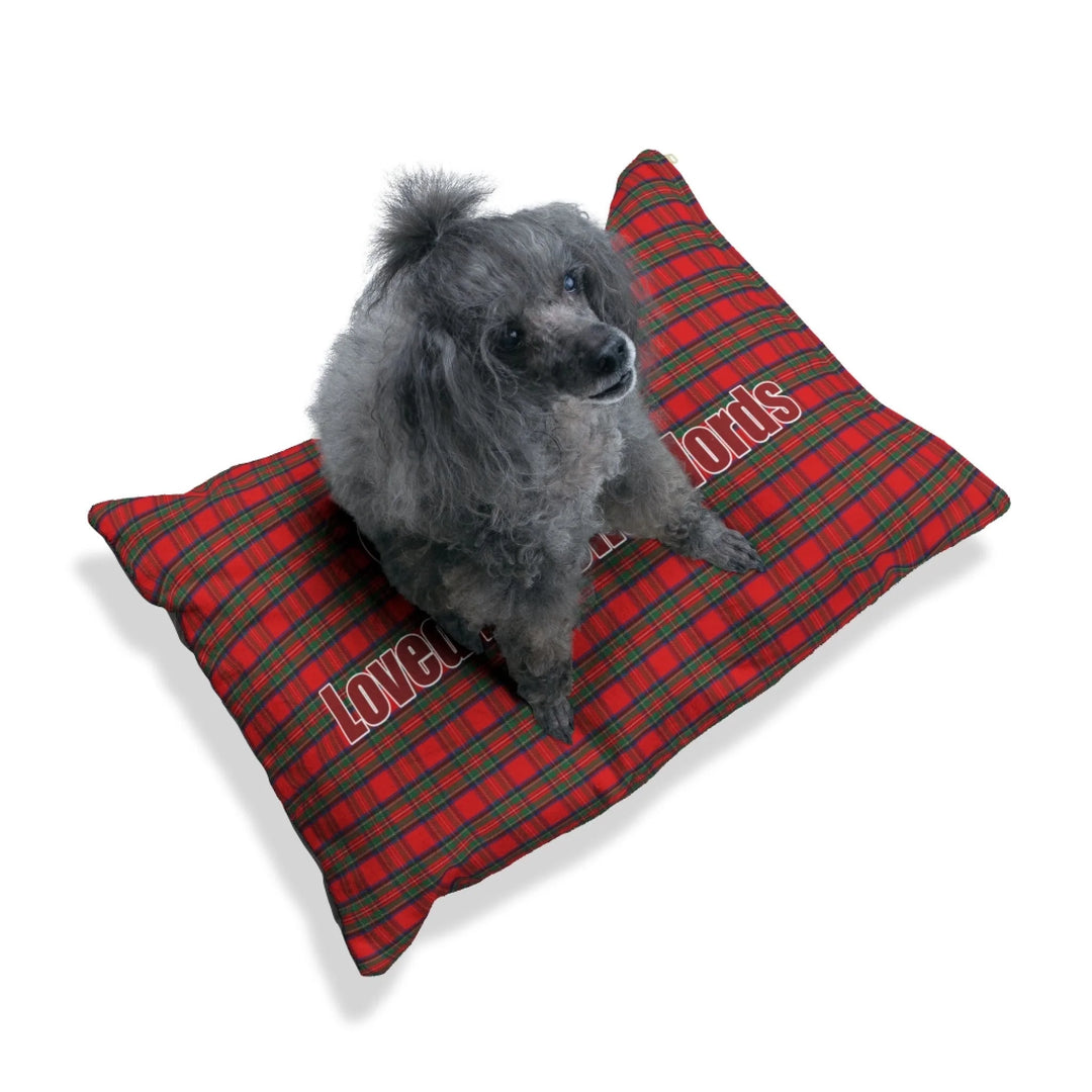 Dog on Personalized tartan plaid pet bed with two lines of custom text. Available in different plaid colors for dogs or cats-ARTFULANE