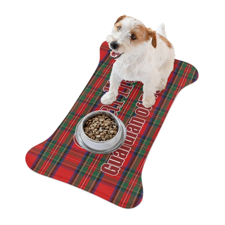 Dog using Personalized tartan plaid pet bone shaped feeding mat with custom text like a name. Available in different plaid colors for dogs or cats-ARTFULANE
