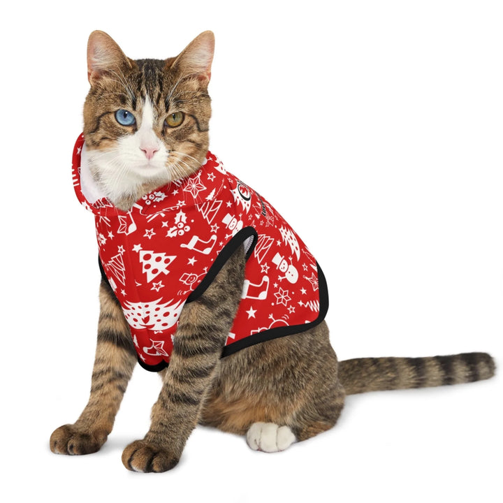 Cat wearing Personalized Christmas pattern pet hoodie with custom text like a name. Available in different Christmas print colors for dogs or cats-ARTFULANE