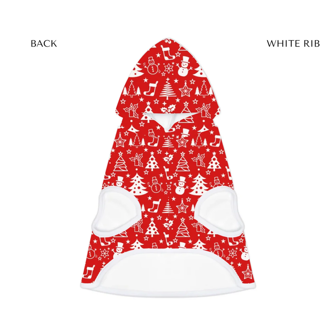 pet hoodie white rib front- Personalized Christmas pattern pet hoodie with custom text like a name. Available in different Christmas print colors for dogs or cats-ARTFULANE