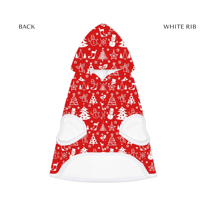 pet hoodie white rib front- Personalized Christmas pattern pet hoodie with custom text like a name. Available in different Christmas print colors for dogs or cats-ARTFULANE