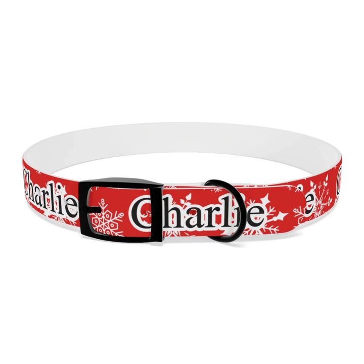 Front of Personalized Christmas pattern pet collar with custom text like a name. Available in different Christmas print colors for dogs or cats-ARTFULANE