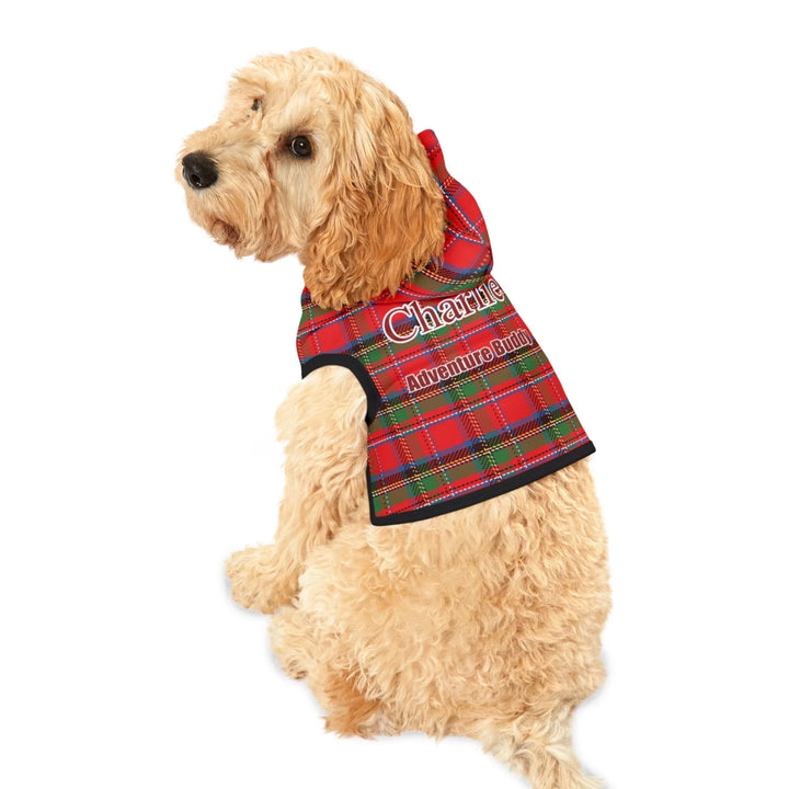 Dog wearing Dog wearing Personalized tartan plaid pet hoodie with two lines of custom text. Available in different plaid colors for dogs or cats-ARTFULANE