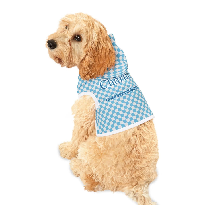 Dog wearing Personalized checkered pet hoodie with custom text like a name. Available in different checkered colors for dogs or cats-ARTFULANE