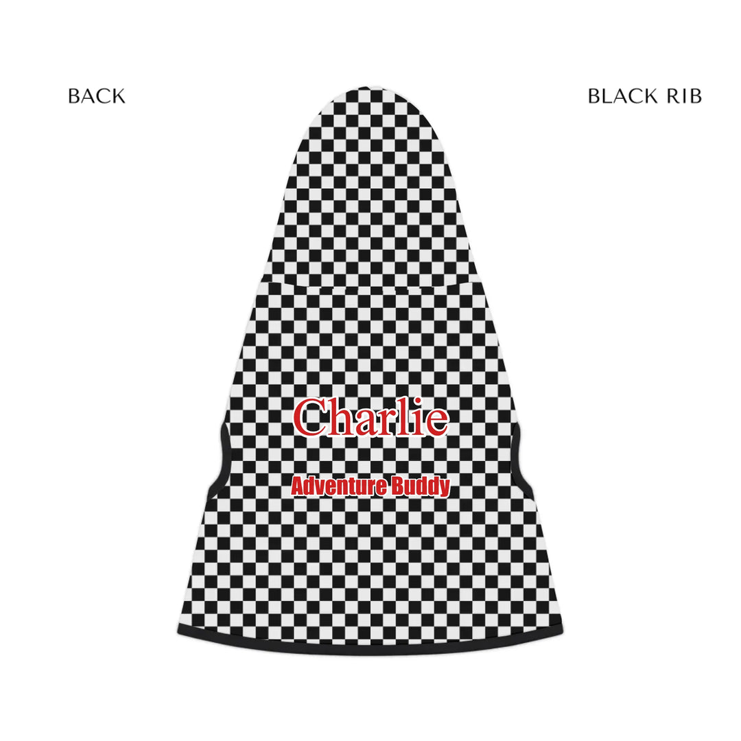 pet hoodie black rib back - Personalized checkered pet hoodie with custom text like a name. Available in different checkered colors for dogs or cats-ARTFULANE