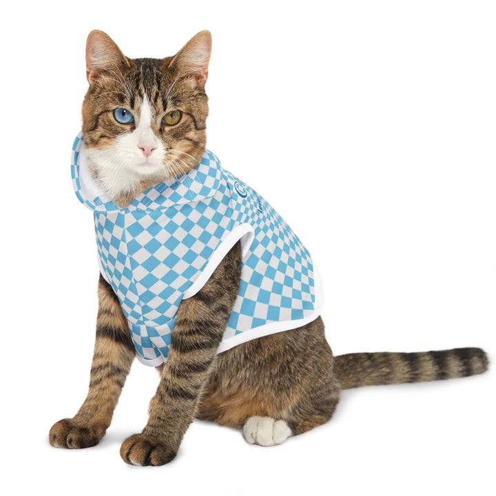 Cat wearing Personalized checkered pet hoodie with custom text like a name. Available in different checkered colors for dogs or cats-ARTFULANE