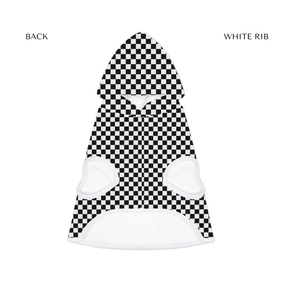pet hoodie white rib front- Personalized checkered pet hoodie with custom text like a name. Available in different checkered colors for dogs or cats-ARTFULANE