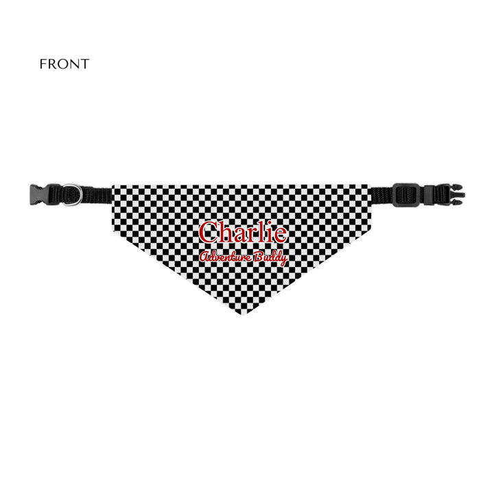 Personalized checkered pet bandana collar with custom text like a name. Available in different checkered colors for dogs or cats-ARTFULANE