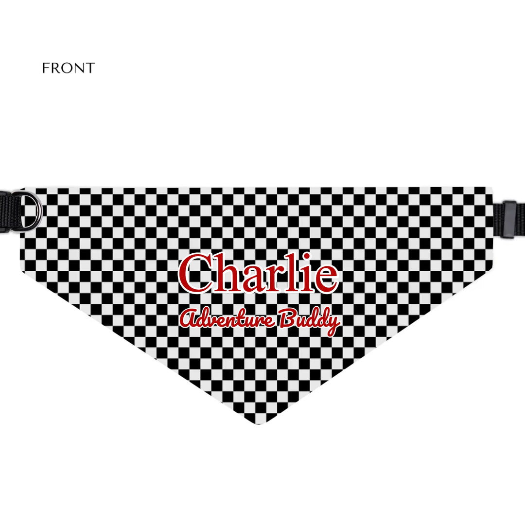 Personalized checkered pet bandana collar with custom text like a name. Available in different checkered colors for dogs or cats-ARTFULANE